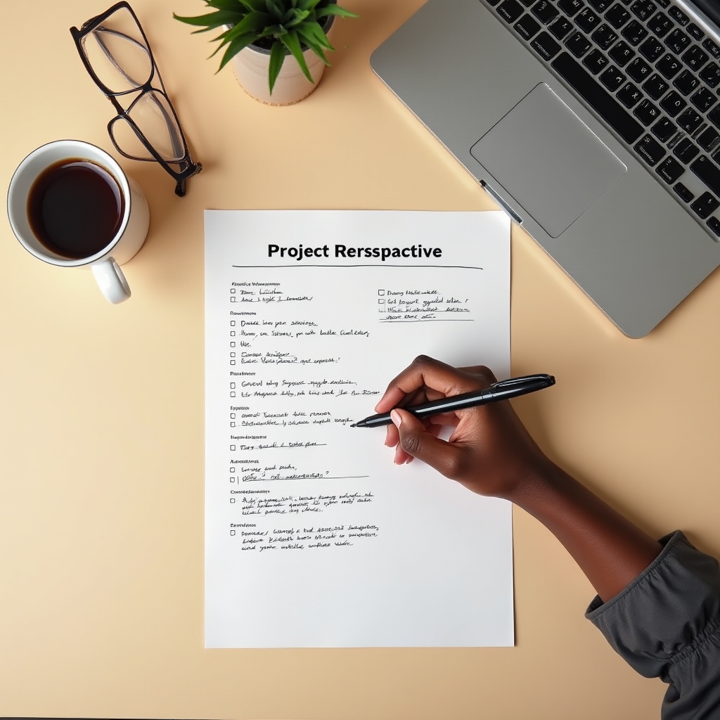 Schreibtisch mit strukturierter Checkliste zur Projektauswertung